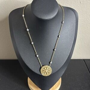 Robert Lee Morris RLM Soho Gold Blue Pearl Embossed Pendant Chain Necklace